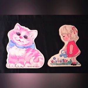 Vintage Girl W/Flowers and Pink Kitten Pressed Wall Décor Nursery E.O. B…